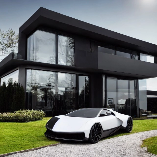 10584-2761914831-luxus supercar in drivewy of luxus villa in black dark modern house with sunlight black an withe modern.webp